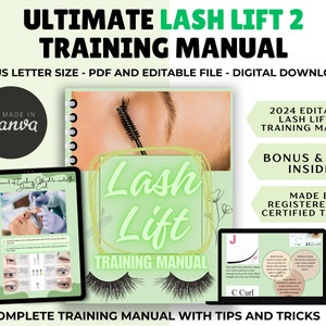 May include: A digital download for a lash lift training manual. The cover features a green and white design with the text "Lash Lift Training Manual". The manual includes tips and tricks for lash lifting.