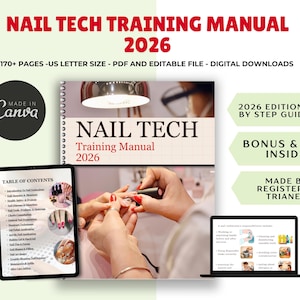 Könnte beinhalten: Ein digitales Nail Tech Training Manual 2026 mit über 170 Seiten. Das Titelblatt zeigt eine Nageldesignerin bei der Arbeit, ergänzt durch weitere Seiten mit einem Inhaltsverzeichnis und den Aufgabenbereichen.