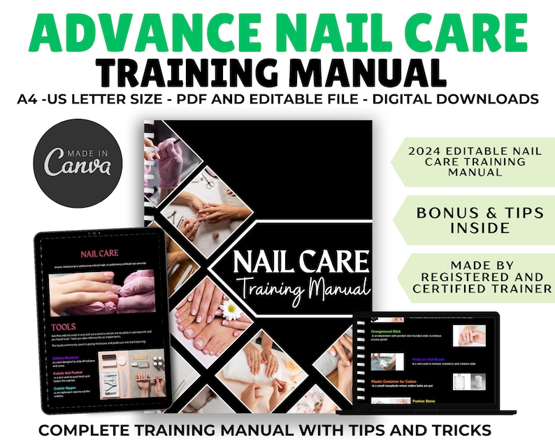 May include: A black and white digital download for a nail care training manual. The manual includes a variety of tips and tricks for nail care. The cover features the text "Nail Care Training Manual" and images of hands and feet receiving nail care.
