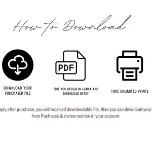 May include: How to Download graphic with three icons: a cloud with a download arrow, a PDF file, and a printer. Text below the icons reads: "Download your purchased file", "Edit you design in Canva and download in PDF", and "Take unlimited prints". Text at the bottom reads: "Simply after purchase, you will received downloadable file. Also you can download your file from Purchases & review section in your account."