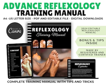 Może przedstawiać: Cyfrowy plik do pobrania z podręcznikiem szkoleniowym z refleksologii. Okładka ma czarne tło z białym tekstem, który brzmi "Reflexology Training Manual". Okładka zawiera również zdjęcie masowanego stopy. Podręcznik jest dostępny w formatach PDF i edytowalnym pliku. Tekst "2024 Editable Reflexology Manual" znajduje się w zielonym polu. Tekst "Bonus & Tips Inside" znajduje się w zielonym polu. Tekst "Made by Registered and Certified Trainer" znajduje się w zielonym polu. Tekst "Complete Training Manual with Tips and Tricks" znajduje się na dole obrazu.