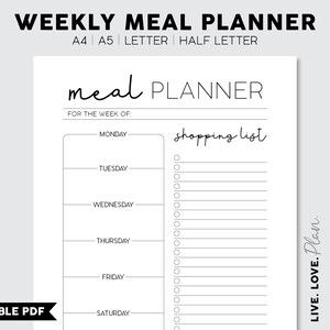 Planificateur de repas hebdomadaire imprimable | Planificateur de menus | Liste d&#39;épicerie imprimable | Préparation de repas | A4, A5, Lettre, Demi-lettre | P1 | Téléchargement instantané PDF