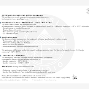 May include: A detailed document with instructions for building a workbench. It includes plans for standard 2x4 lumber, a modification guide, and a lumber variation guide. The document provides measurements in inches and includes a step-by-step build sequence.