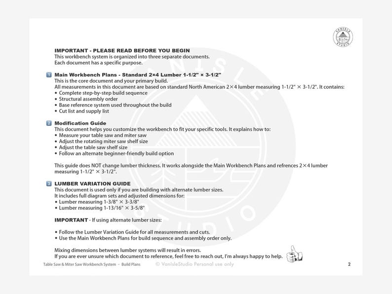 May include: A detailed document with instructions for building a workbench. It includes plans for standard 2x4 lumber, a modification guide, and a lumber variation guide. The document provides measurements in inches and includes a step-by-step build sequence.
