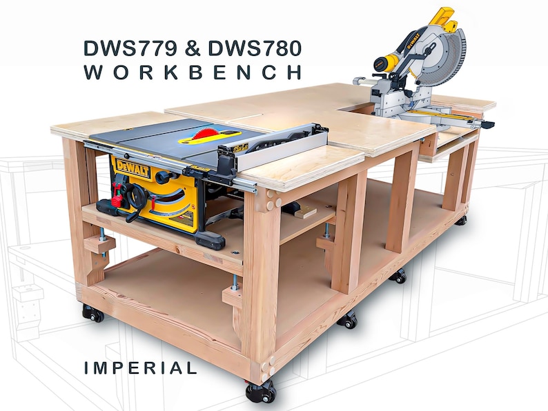 May include: A wooden workbench featuring a DeWalt table saw and a DeWalt miter saw integrated into the surface. The text DWS779 & DWS780 WORKBENCH and IMPERIAL is visible. The structure includes a lower shelf and black caster wheels for mobility.