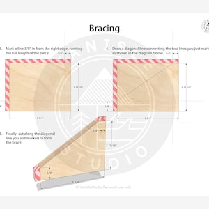 May include: Diagram illustrating the bracing process for woodworking. The image shows steps for marking and cutting a piece of wood, with measurements in inches. The text reads "Bracing" and includes instructions for the project.