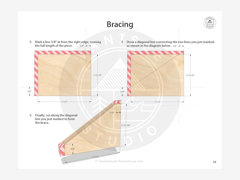 May include: Diagram illustrating the bracing process for woodworking. The image shows steps for marking and cutting a piece of wood, with measurements in inches. The text reads "Bracing" and includes instructions for the project.