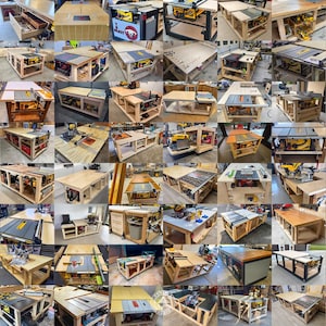 May include: A collage of various wooden workbenches, showcasing different designs and configurations. Some workbenches feature built-in storage, while others have integrated power tools. The workbenches are made of light-colored wood and are designed for woodworking and DIY projects.
