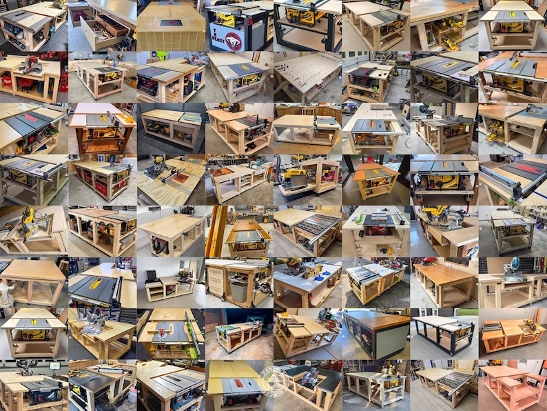 May include: A collage of various wooden workbenches, showcasing different designs and configurations. Some workbenches feature built-in storage, while others have integrated power tools. The workbenches are made of light-colored wood and are designed for woodworking and DIY projects.