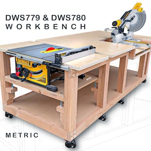 May include: A wooden workbench featuring a DeWalt table saw and a miter saw mounted on the surface. The text DWS779 & DWS780 WORKBENCH and METRIC are visible. The structure includes a lower shelf and is supported by black caster wheels.