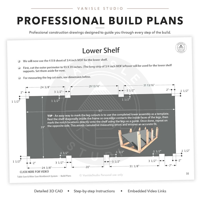 May include: Professional build plans for a lower shelf, featuring a technical diagram with dimensions in inches, text instructions for cutting 3/4 inch MDF, a small 3D illustration of the shelf assembly, and a link for an instructional video.