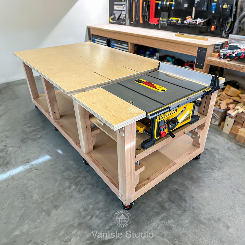 May include: A custom wooden workbench featuring a light-coloured plywood top and a lower shelf, integrated with a yellow and black DeWalt table saw. The structure is supported by a sturdy wooden frame mounted on black caster wheels for mobility.