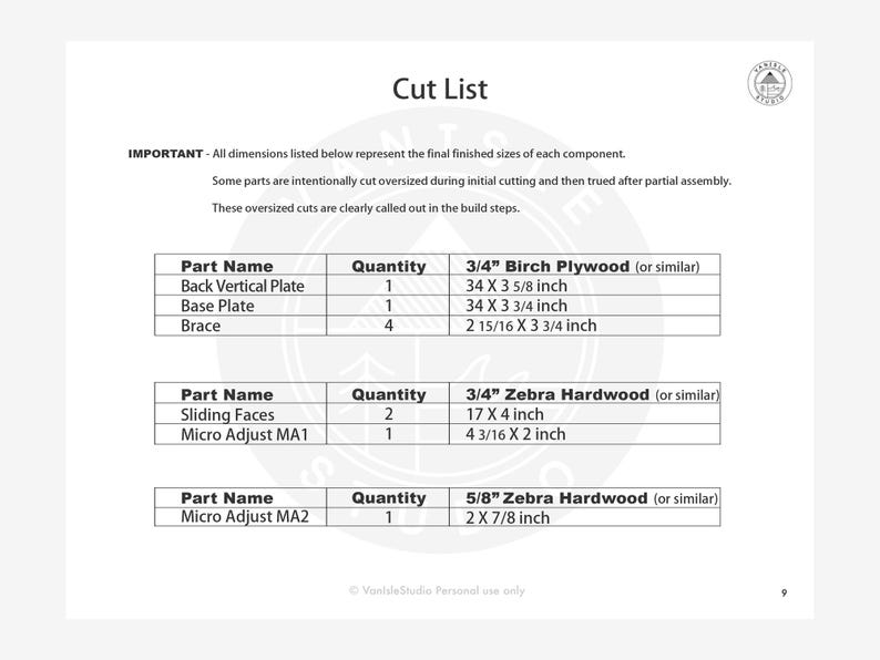May include: A white document titled "Cut List" with a table detailing wood component dimensions. Includes measurements in inches for parts like "Back Vertical Plate" (34 x 3 5/8 inches) and "Base Plate" (34 x 3 3/4 inches).