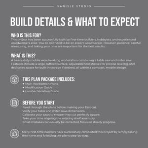 May include: A grey informational graphic titled BUILD DETAILS & WHAT TO EXPECT from VANISLE STUDIO. It outlines a mobile woodworking workstation project, including plan contents like main workbench plans, a modification guide, and lumber variation guide.