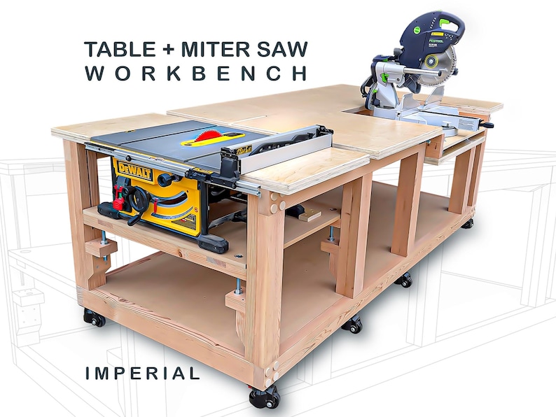 Table Saw & Miter Saw Workbench Plans (Imperial) - DIY Woodworking PDF image 1