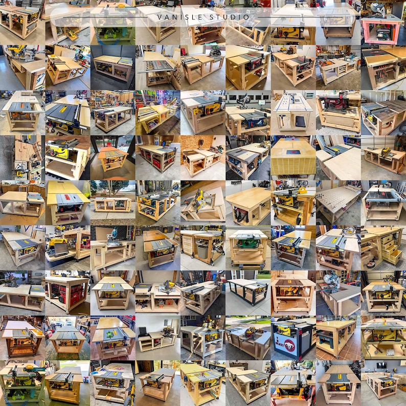 May include: A collage of various wooden workbench designs, each featuring a built-in table saw. The workbenches are constructed from light-coloured plywood and lumber, showcasing different configurations, storage shelves, and integrated power tools.