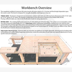 May include: Detailed workbench plan with dimensions. The workbench is 96 inches long, 48 inches wide, and 35-1/4 inches tall. Includes specifications for table saw and miter saw, with adjustable shelf system. Text on the image reads "Workbench Overview".