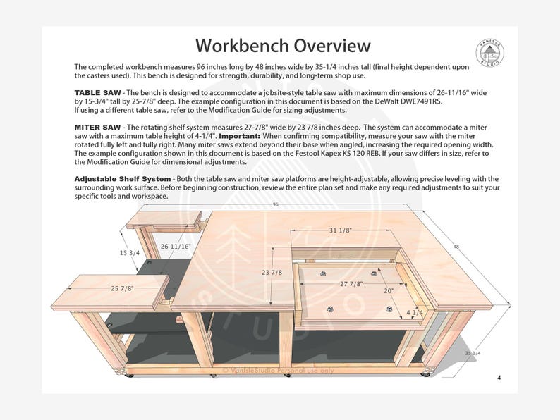 May include: Detailed workbench plan with dimensions. The workbench is 96 inches long, 48 inches wide, and 35-1/4 inches tall. Includes specifications for table saw and miter saw, with adjustable shelf system. Text on the image reads "Workbench Overview".