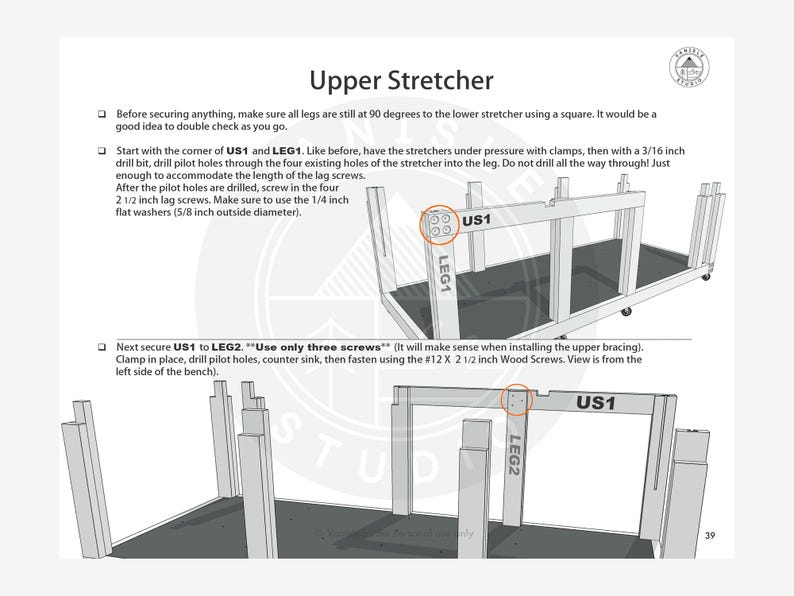 May include: Diagram of a woodworking project showing the upper stretcher assembly. The diagram includes labeled parts such as US1 and LEG1, with instructions for securing them using screws and washers. The text includes measurements in inches.