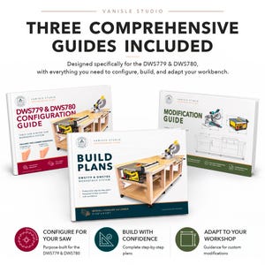 May include: Three instructional guides for DWS779 and DWS780 workbench systems. The covers feature illustrations of a wooden workbench with a miter saw and table saw, with text including "Configuration Guide," "Build Plans," and "Modification Guide."