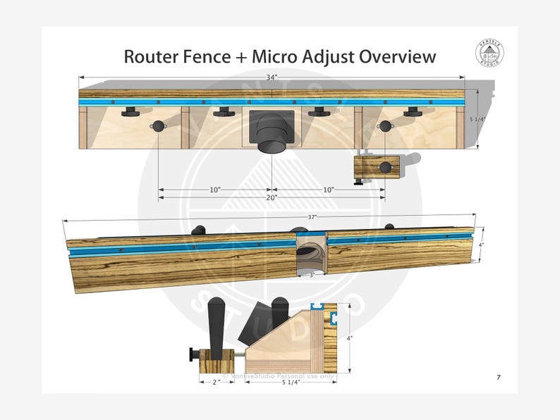 May include: An overview diagram of a router fence with micro adjust. The diagram shows the router fence from multiple angles, including top and side views. The fence is approximately 34 inches long and 5 1/4 inches high.