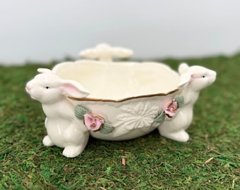 Vintage Porcelain Bunny and Roses Bowl