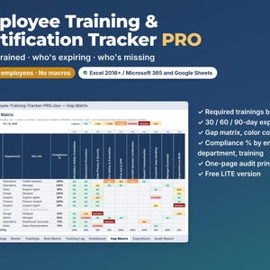 May include: Employee Training & Certification Tracker PRO digital spreadsheet template for Excel and Google Sheets. Features a Training Gap Matrix with color-coded status indicators for employee compliance, role-based training requirements, and automated expiry alerts.
