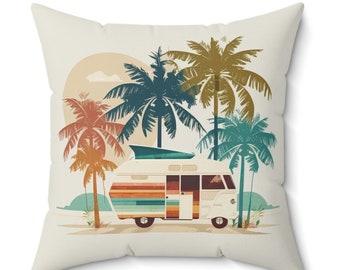 Vintage Van Life Spun Polyester Square Pillow; Van Life Home Decor; Van Life Vintage Pillow; Beach Life Vintage Decor; Beach House Decor