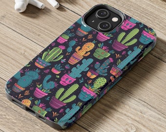 Colorful Cactus Drawings iPhone Case, Arizona Cacti Desert Tough Phone Cases, Case-Mate; iPhone 14 Plus 13 Pro Max 12 Mini Xr 7 8 Se, 12 Pro