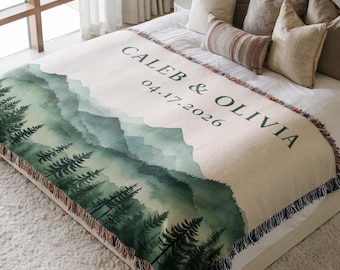 Custom Couples Woven Blanket Personalized Wedding Gift with Names and Date Mountain Forest Anniversary Throw for Newlyweds 100% Cotton