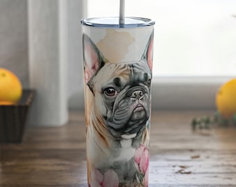 Bicchiere Bulldog francese acquerello: acciaio sottile da 20 once con cannuccia