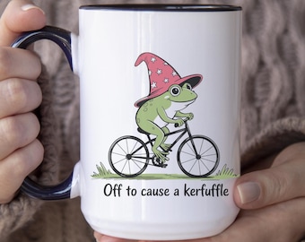 Off to Cause a Kerfuffle Frog Mug, Frog Coffee Mug, Frog Lovers Cup, Funny Weirdcore Meme Aesthetic, Sarcastic Saying, Funny Animal Mug
