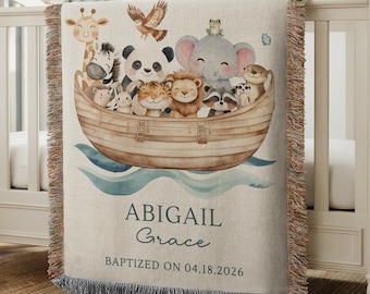 Personalisierte Arche Noah Taufe Decke Benutzerdefinierte Baby Taufgeschenk Christliche Babydecke Taufe Andenken Baby Name gewebter Wurf