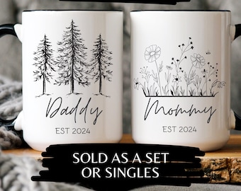 New Daddy and New Mommy Coffee Mug Trees and Flowers Gift Set Nature Gift for New Parents Parent to Be Mugs Soon to Be Parents New Baby Gift