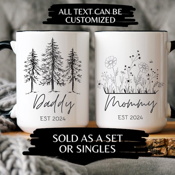 New Daddy and New Mommy Coffee Mug Trees and Flowers Gift Set Nature Gift for New Parents Parent to Be Mugs Soon to Be Parents New Baby Gift