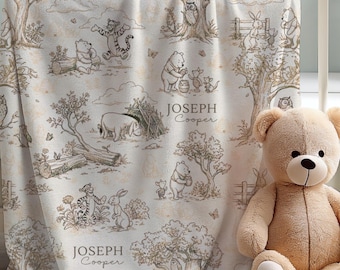 Custom Classic Pooh Inspired Baby Blanket Personalized Name Velveteen Woodland Nursery Keepsake Gift