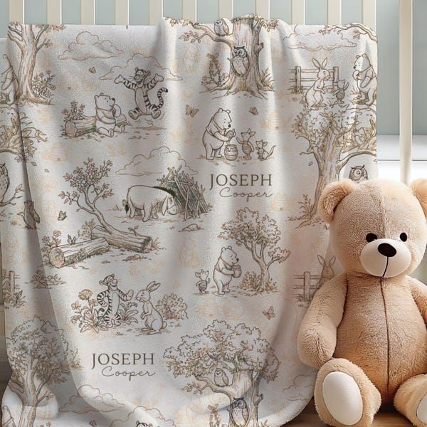 Custom Classic Pooh Inspired Baby Blanket Personalized Name Velveteen Woodland Nursery Keepsake Gift