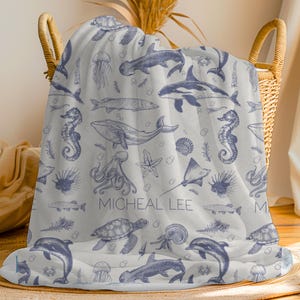 Benutzerdefinierte Baby Junge Decke Ozean Thema personalisierte Name Meertiere Samt Plüschdecke Baby Shower Geschenk Neugeborenen Kinderzimmer Bettwäsche
