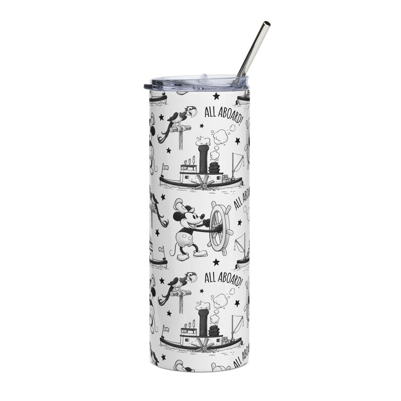 Vaso Fish Extender Vintage Steamboat Willie inspirado en Mickey Mouse, vaso de crucero con pajita, vaso de viaje All Aboard, regalo de crucero de dibujos animados imagen 5