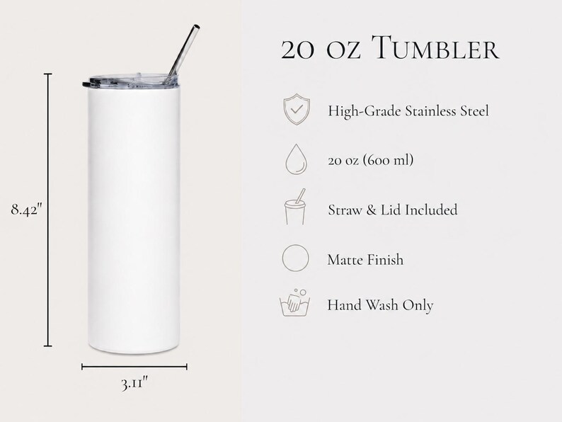Puede incluir: Un vaso blanco de 600 ml con acabado mate, tapa y pajita. El vaso mide 21,39 cm de alto y 7,90 cm de ancho. Est&aacute; fabricado en acero inoxidable de alta calidad y requiere lavado a mano &uacute;nicamente.