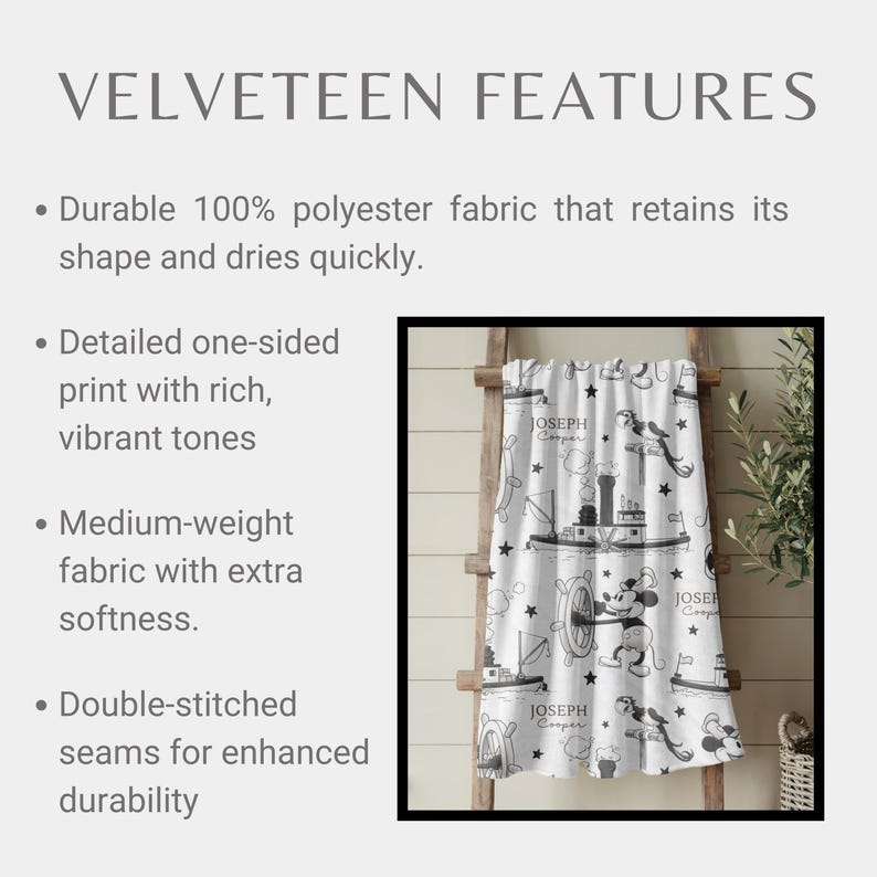 May include: A white velveteen blanket featuring a repeating black print of a cartoon mouse, steamboats, stars, and the text Joseph Cooper. The product is made of 100% polyester fabric with double-stitched seams, a one-sided print, and medium-weight texture.