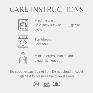 May include: Care instructions for a blanket featuring icons for machine wash cold at 30&deg;C on gentle cycle, tumble dry low heat, and use mild detergent. Text includes: Do not dryclean; Do not iron; Do not bleach. Avoid high heat to preserve the blanket fibers.