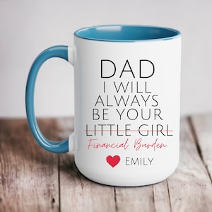 Op de afbeelding: Witte keramische koffiemok met een blauwe rand en handvat. De mok heeft zwarte tekst die luidt "Dad I will always be your little girl" met een streep door "little girl" en de woorden "Financial Burden" eronder. Een rood hart met de naam "Emily" staat onder de tekst.