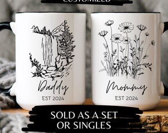 New Daddy and New Mommy Coffee Mug Waterfall and Flowers Gift Set Nature Gift for New Parents Parent to Be Mugs Soon to Be Parents New Baby