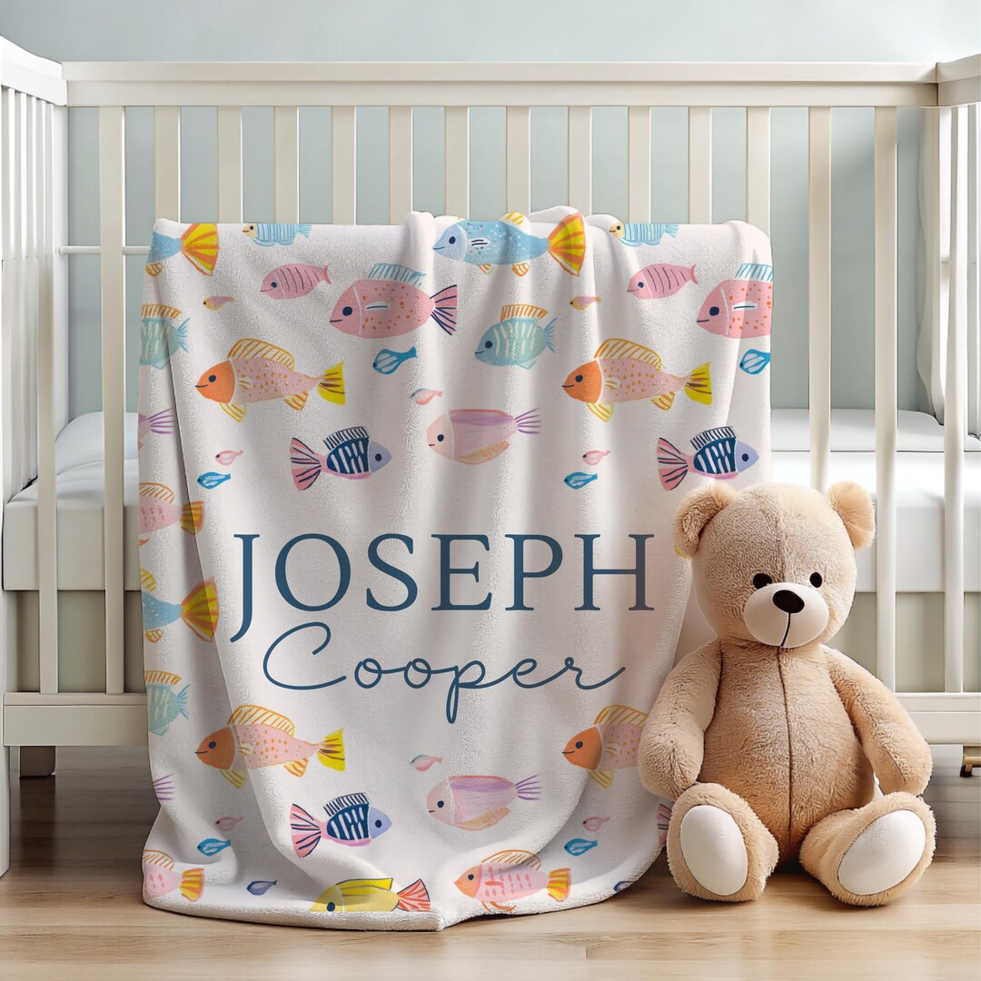 Custom Ocean Fish Baby Blanket Personalized Name Velveteen Nautical ...