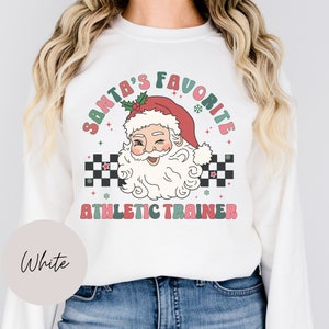 Santa&#39;s Favorite Athletic Trainer Retro Sweatshirt, Sports Med Sweatshirt, Athletic Trainer Gift; Funny Xmas Sweater for Athletic Training