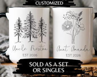 Aunt and Uncle Pregnancy Announcement Mug Set Trees Floral Nature Design Promoted to Aunt Uncle Gift New Baby Reveal Mug New Auntie Gifts