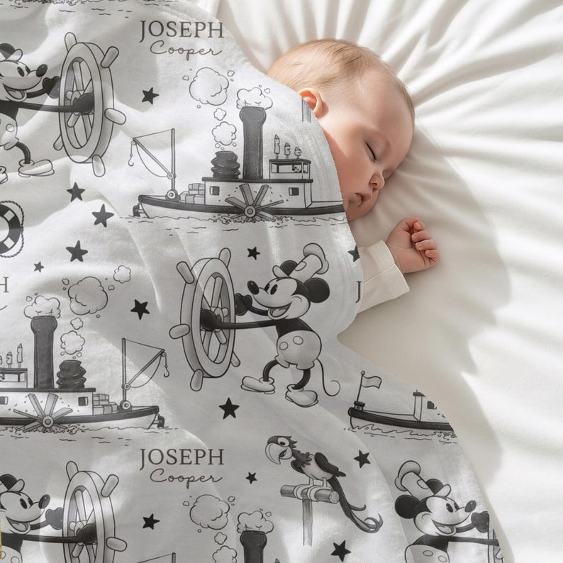 Personalized Vintage Steamboat Willie Mickey Mouse Inspired Baby Blanket Custom Name Baby Blanket Black & White Nursery Blanket Shower Gift image 7