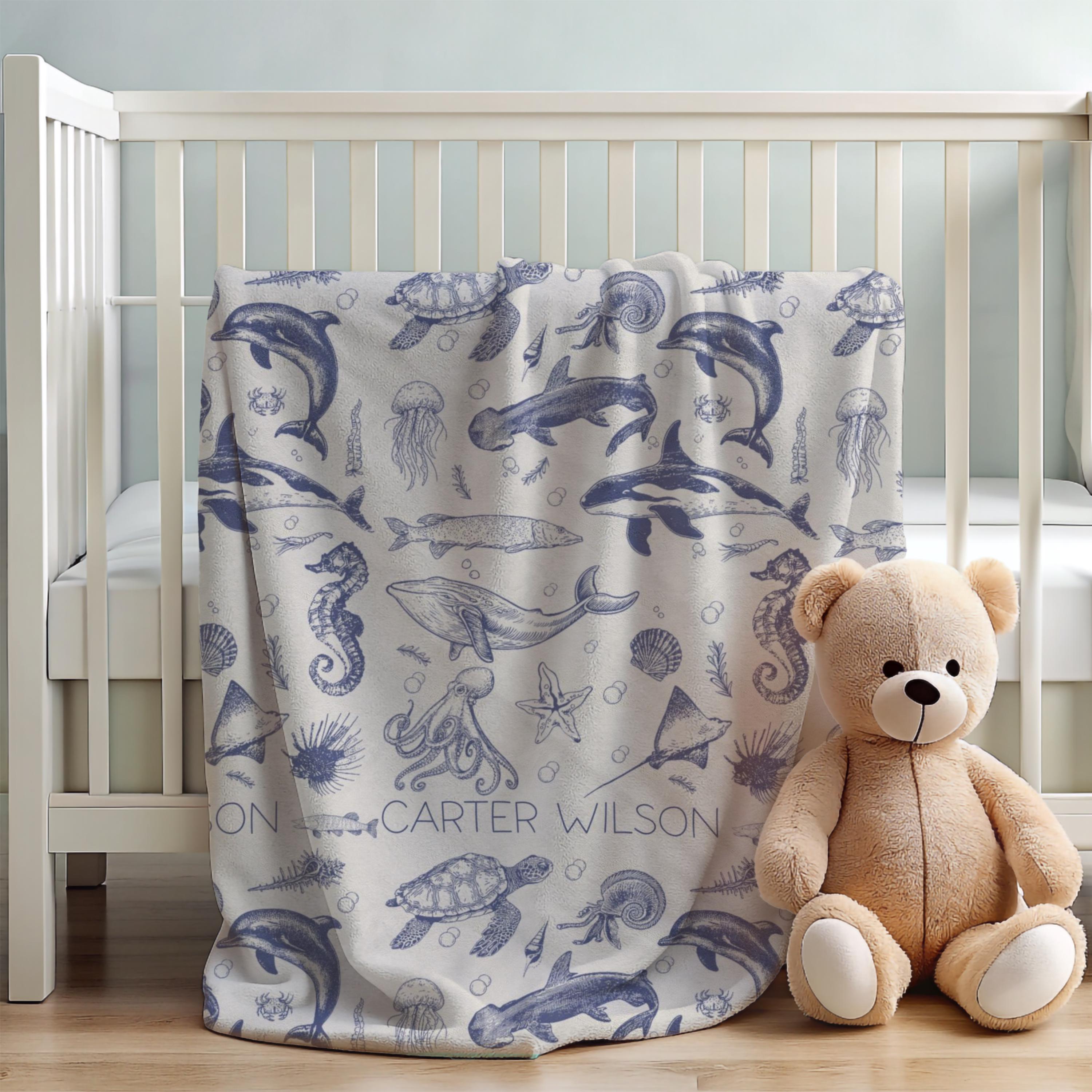 Custom Baby Boy Blanket Ocean Theme Personalized Name Sea Animals ...