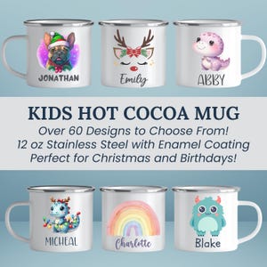 Personalized Hot Chocolate Mug, Kids Hot Cocoa Mug Christmas Enamel Camping Mugs Reindeer Kids Christmas Party Favors Custom Snowman Animals